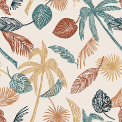 Fototapeta na wymiar Tropical floral vector seamless pattern. Hand drawn exotic foliage, palm tree, banana leaves. Abstract outline ornament in retro style.