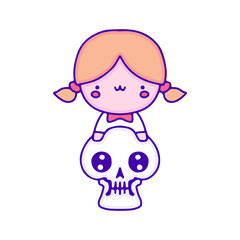 Sweet baby girl with cute skull doodle art, illustration for t-shirt, sticker, or apparel merchandise. With modern pop and kawaii style.