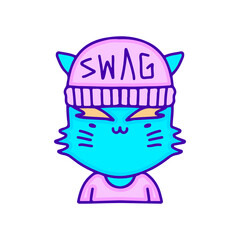 Hype cat wearing beanie hat doodle art, illustration for t-shirt, sticker, or apparel merchandise. With modern pop and kawaii style.