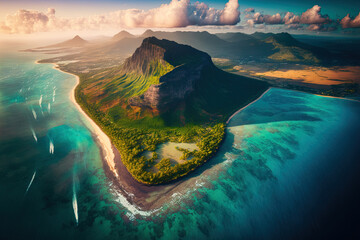 Le Morne Mountain, Mauritius, Africa, as seen from above. Generative AI - obrazy, fototapety, plakaty