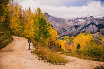 Landscape of sceneic views in Telluride, Colorado in the fall with colorful aspen trees, gondola,...