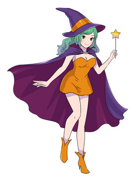ステッキを持ったとんがり帽子のセクシー魔女　緑髪