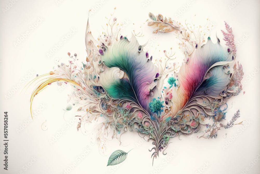 Poster  a colorful feather with a feather tail and a flower pattern on it's side. Generative AI