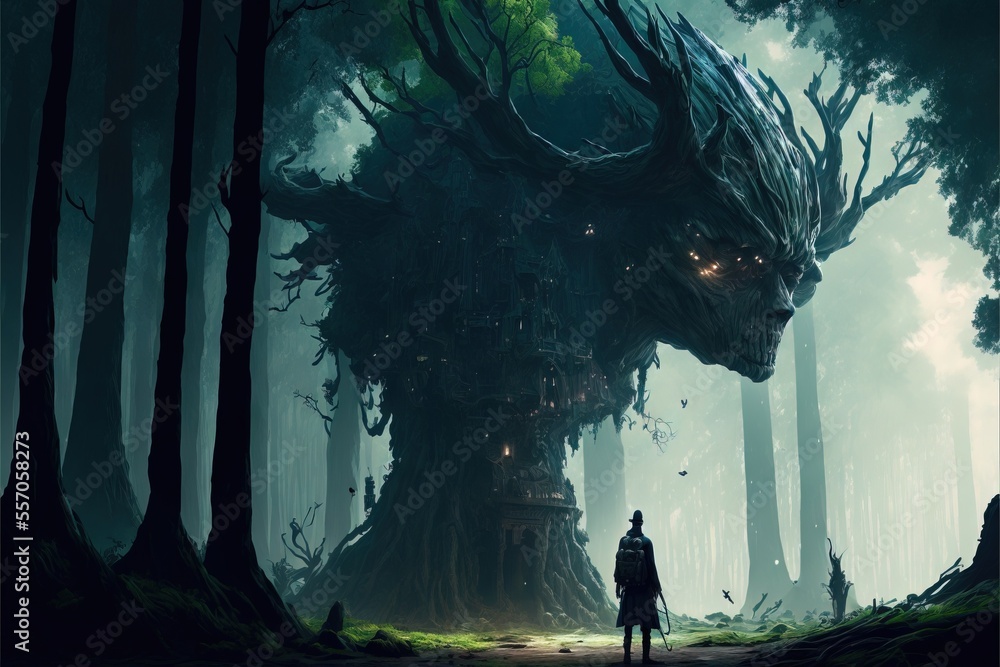Aufkleber a man standing in front of a giant tree in the forest with a giant head on it's head. generative ai