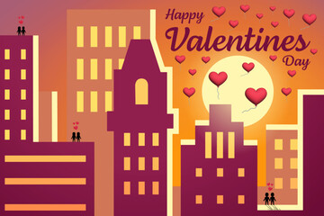 Happy Valentines Day text amid hearts balloons in sunset cityscape with silhouettes of couples,vector illustration