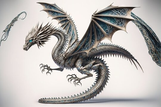  a dragon with a blue eyes and wings is shown in this artistic photo. Generative AI