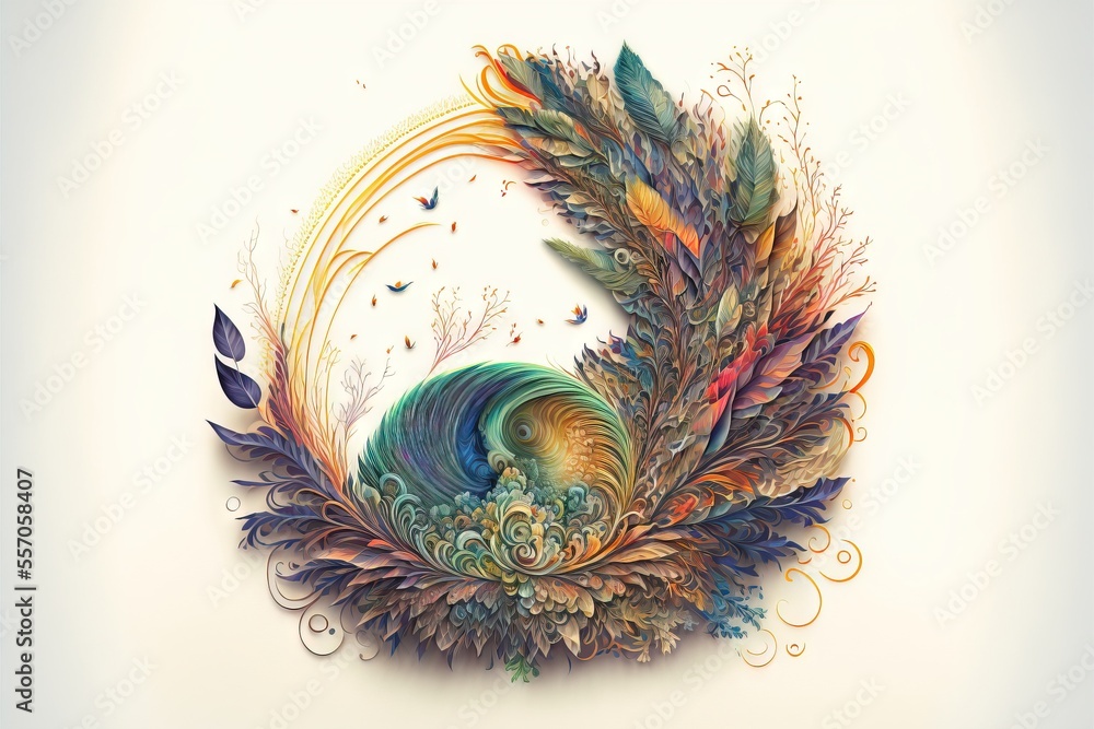 Poster a painting of a peacock with a swirly tail and feathers on it's back side. generative ai