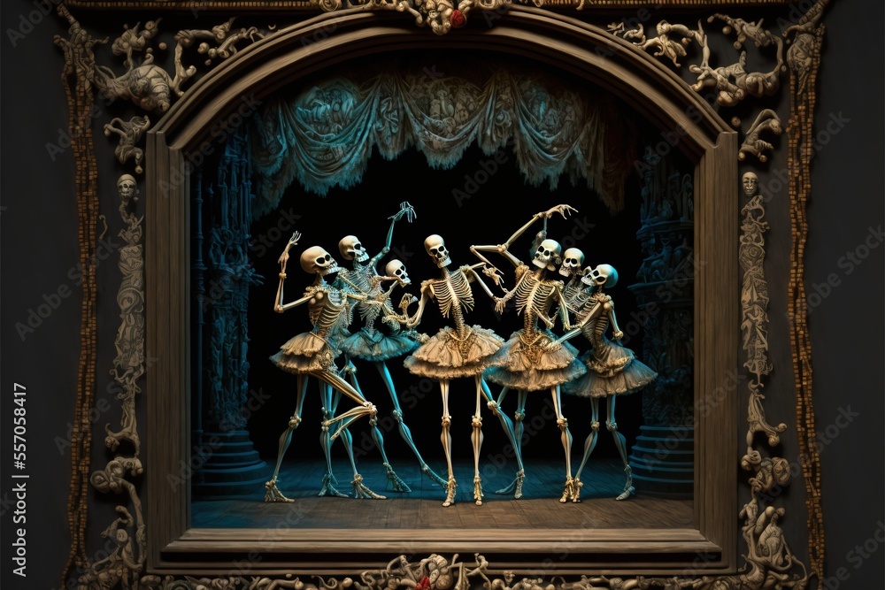 Aufkleber a group of skeletons dancing in a room with a mirror on the wall and a curtain behind them that has 