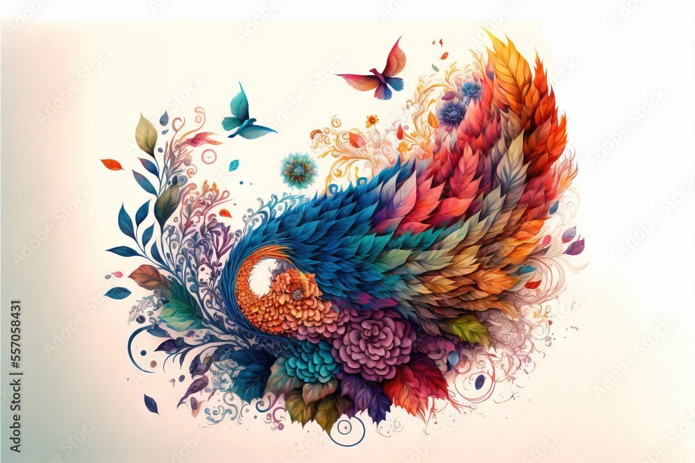 Poster a colorful bird with a butterfly on its back and a flower on its back. generative ai
