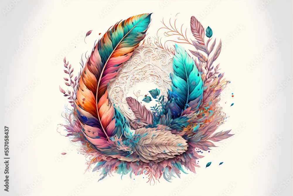 Poster  a drawing of a skull with feathers on it's head and a skull in the middle of the image. Generative AI
