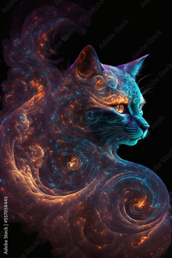 Poster a cat with a glowing face and a spiral design on its face. generative ai