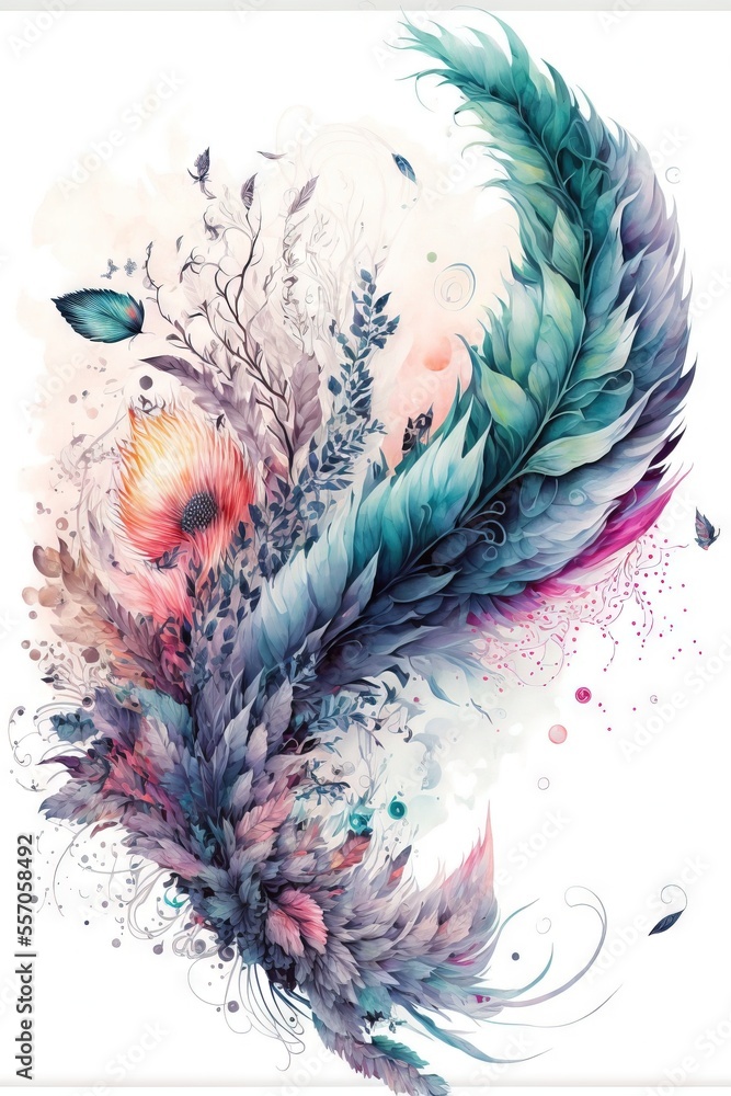Poster a painting of a feather with a flower on it's side and a butterfly on the side of the feather. gener