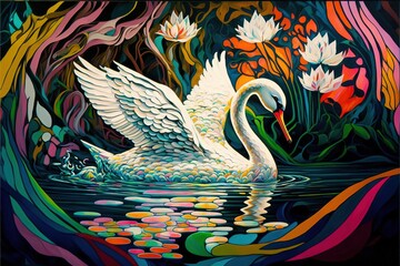  a painting of a swan floating on a lake surrounded by flowers and plants with a colorful background of water lillies. generative ai