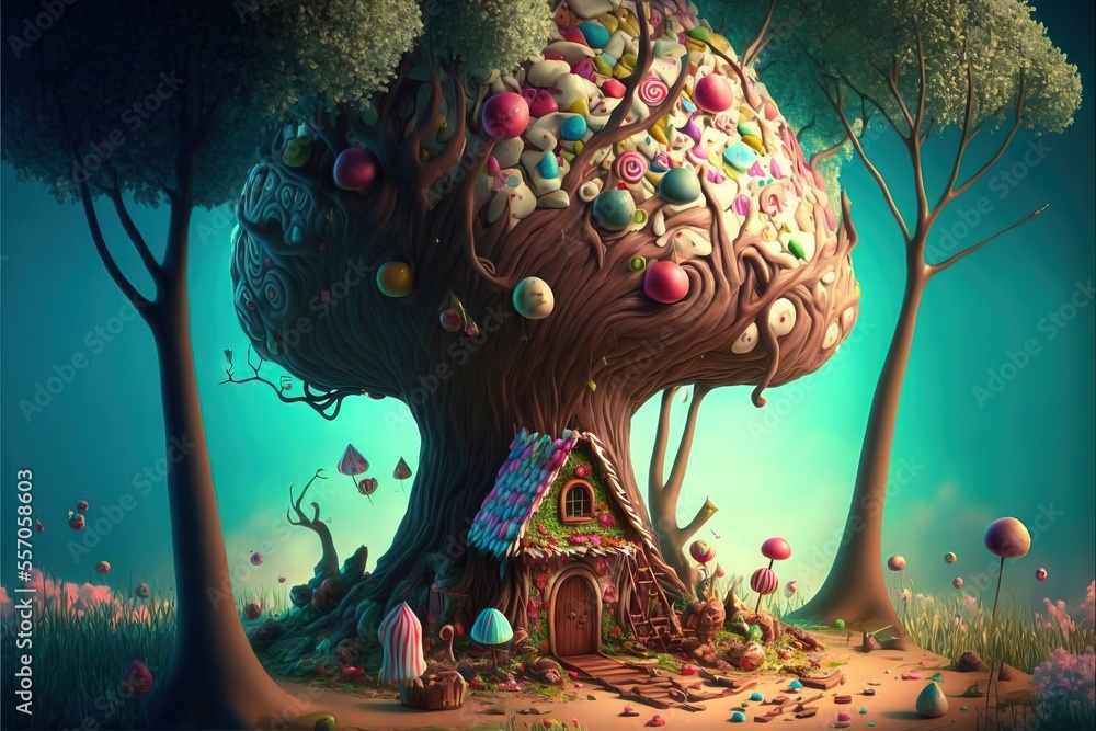 Poster a tree house with candy on it in the middle of a forest with lots of trees and a house. generative a