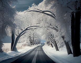 Winter road with snow-covered trees. Panorama of beautiful winter park