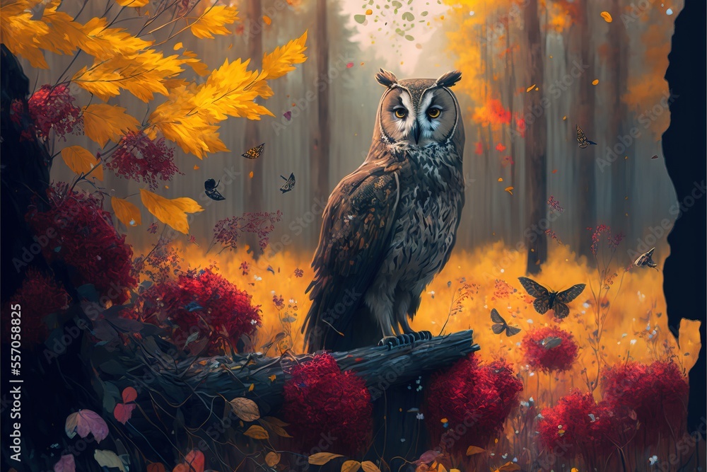 Poster an owl sitting on a log in a forest with butterflies flying around it and a tree trunk in the foregr