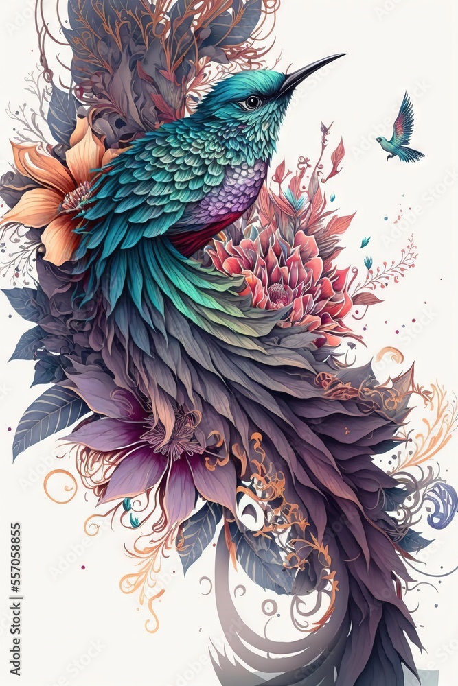 Poster a bird with a flower in its beak and a bird flying by it's side. generative ai