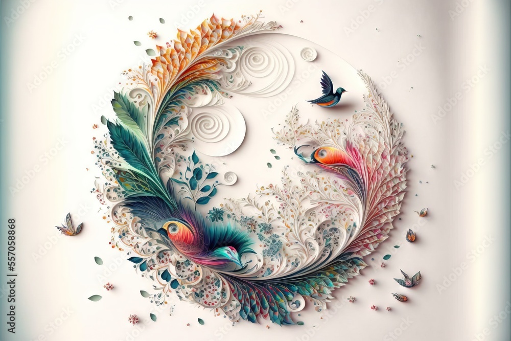 Poster a painting of a bird and a flower on a white background with a blue border around it and a white cir