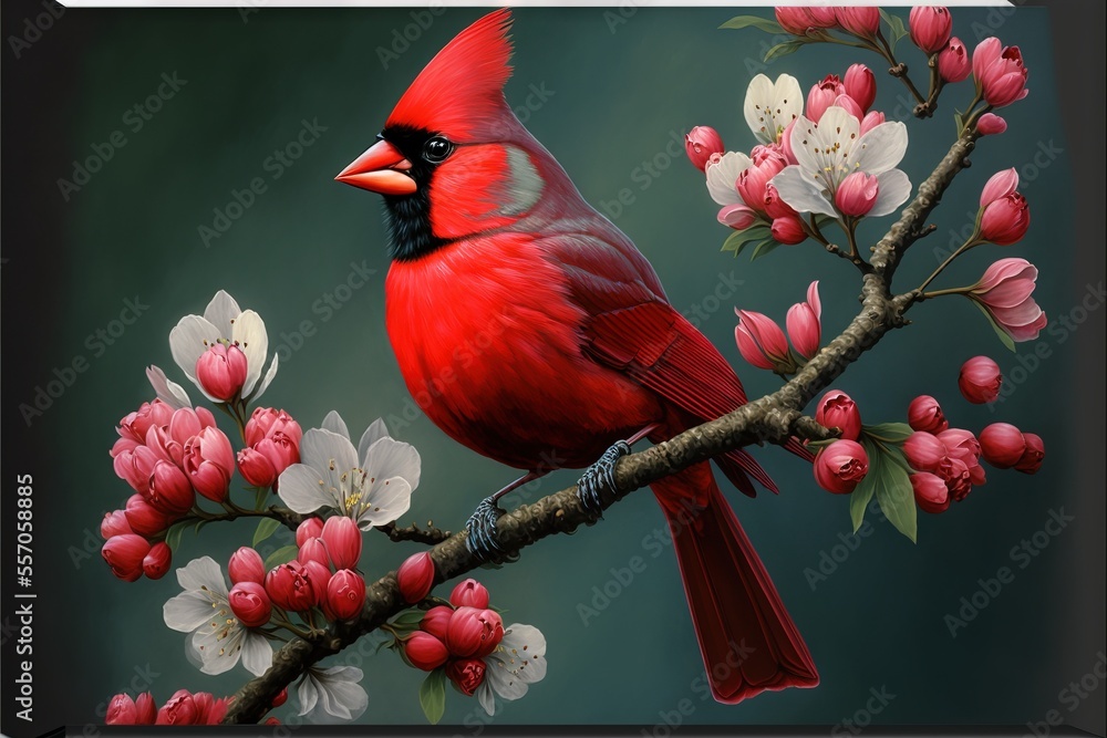 Aufkleber a red bird sitting on a branch of a tree with flowers on it's branches and a green background. gener