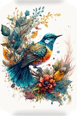  a bird with a blue body and a yellow beak sitting on a branch with leaves and flowers around it. - obrazy, fototapety, plakaty