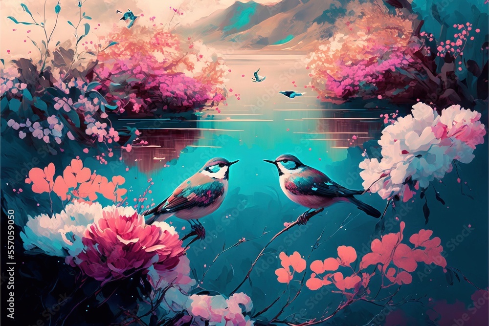 Poster two birds sitting on a branch with flowers and a lake in the background with birds flying around the