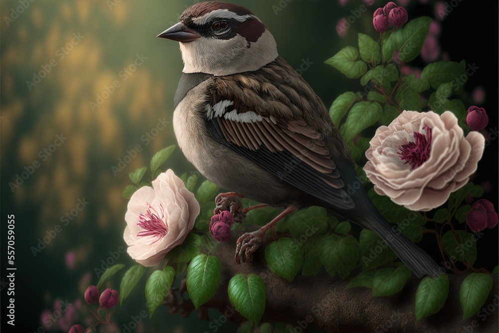 Poster a bird sitting on a branch with flowers around it and a green background with a gold leafed wall. ge
