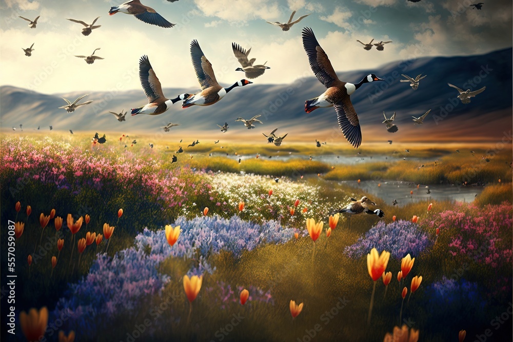 Poster a painting of birds flying over a field of flowers and a lake with a mountain in the background and 