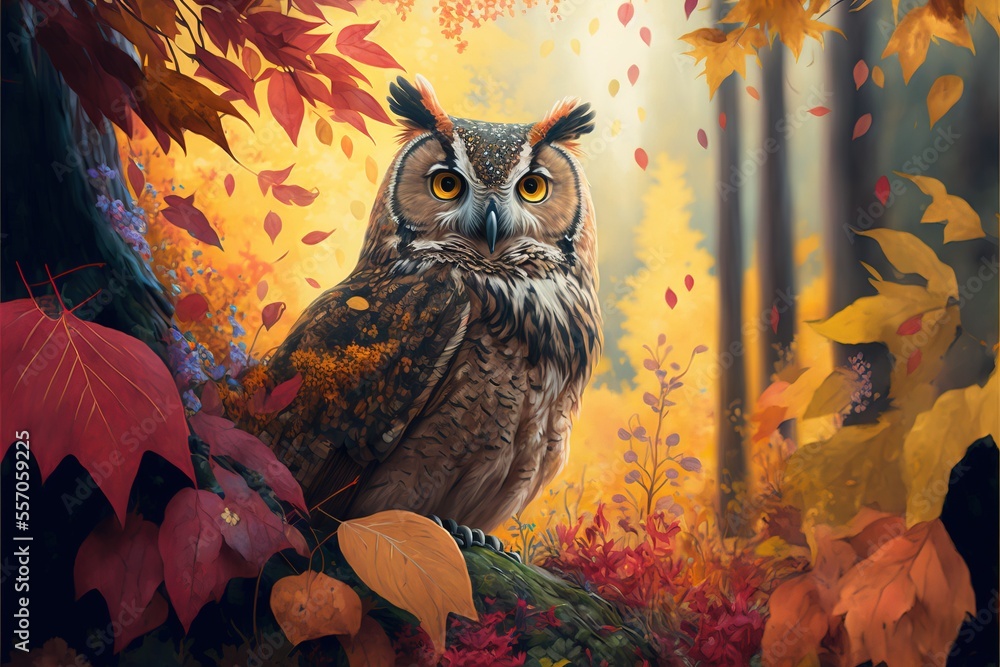 Poster an owl is sitting on a tree branch in a forest with fall leaves and foliages around it. generative a