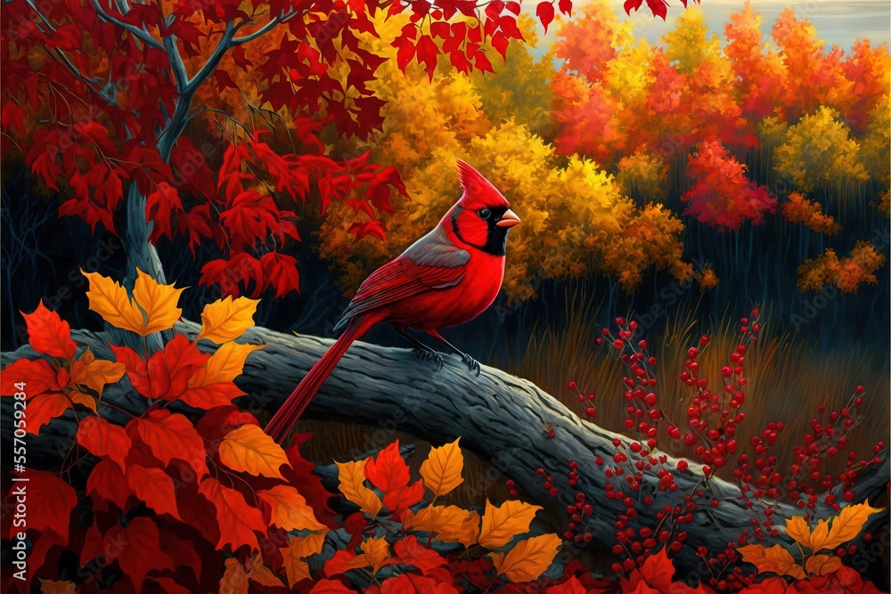 Poster a painting of a cardinal sitting on a tree branch in a forest with fall leaves and a colorful backgr