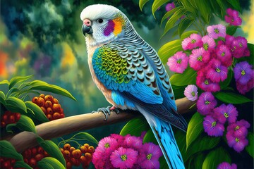  a colorful bird perched on a branch with flowers in the background and a forest of trees and bushes behind it.