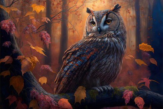  a painting of an owl sitting on a branch in a forest with fall leaves and a tree with orange and yellow leaves. Generative AI