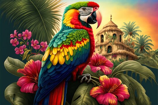  a colorful parrot sitting on a branch of a tree with flowers and a building in the background with a sunset. generative ai