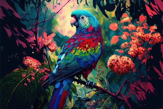  a colorful parrot perched on a branch in a tree filled with flowers and leaves. generative ai © Oleg