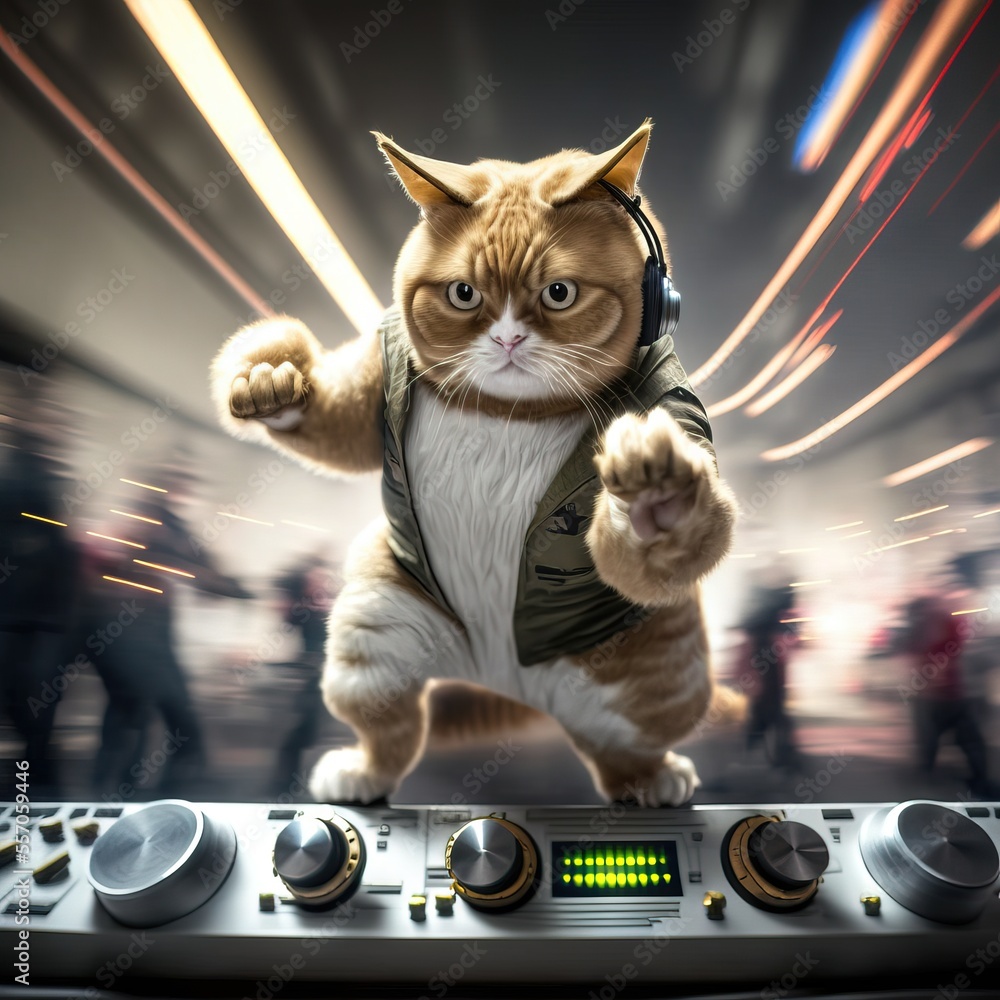 Poster a cat with headphones on standing on a dj's deck with a sound board in front of it. generative ai