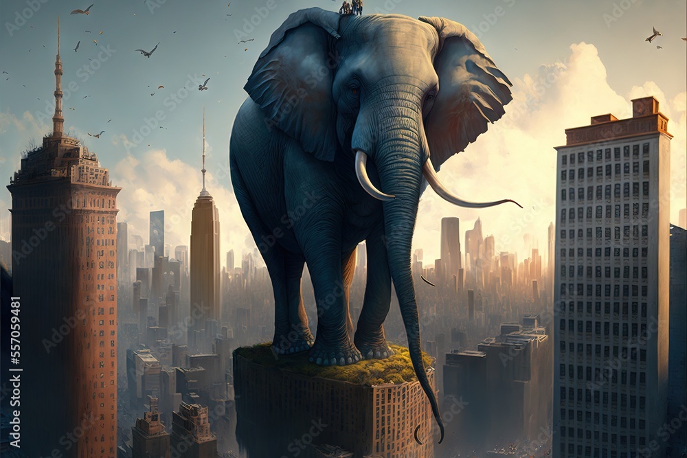 Poster an elephant standing on top of a building in a city with birds flying around it and a bird flying ab
