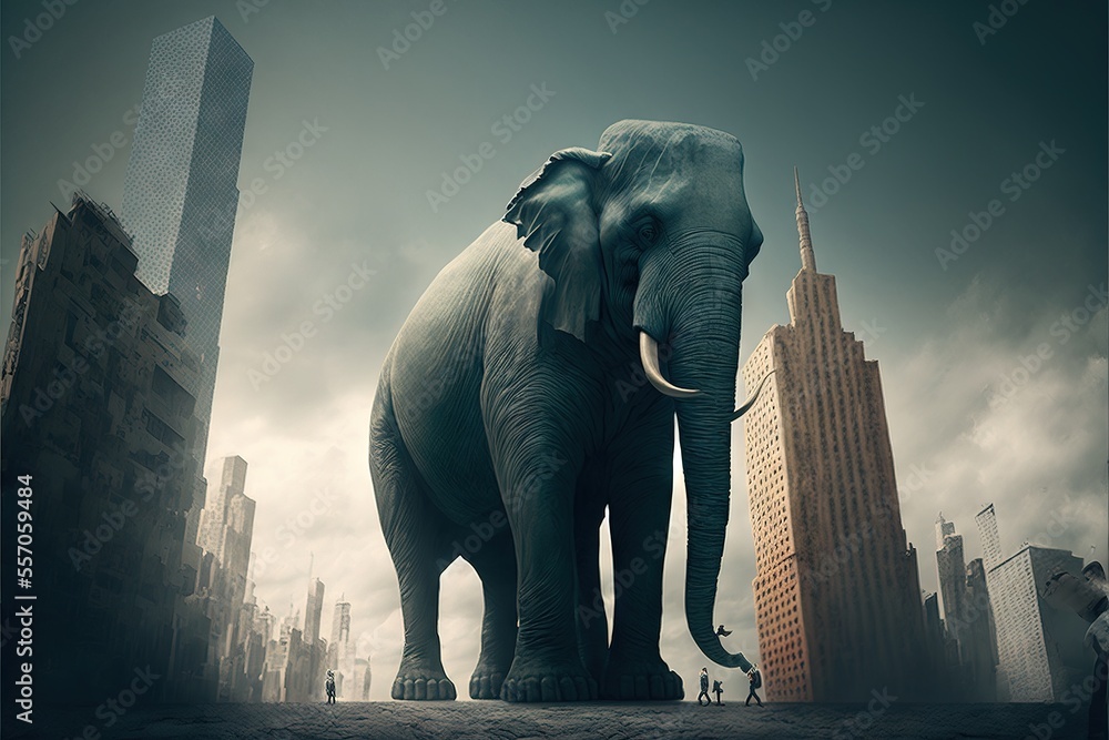 Poster an elephant standing in a city with tall buildings in the background and a sky background with cloud