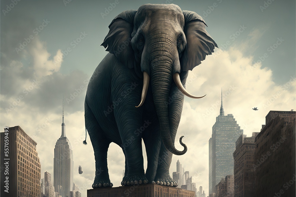 Poster an elephant standing on top of a building in a city with tall buildings in the background and a plan