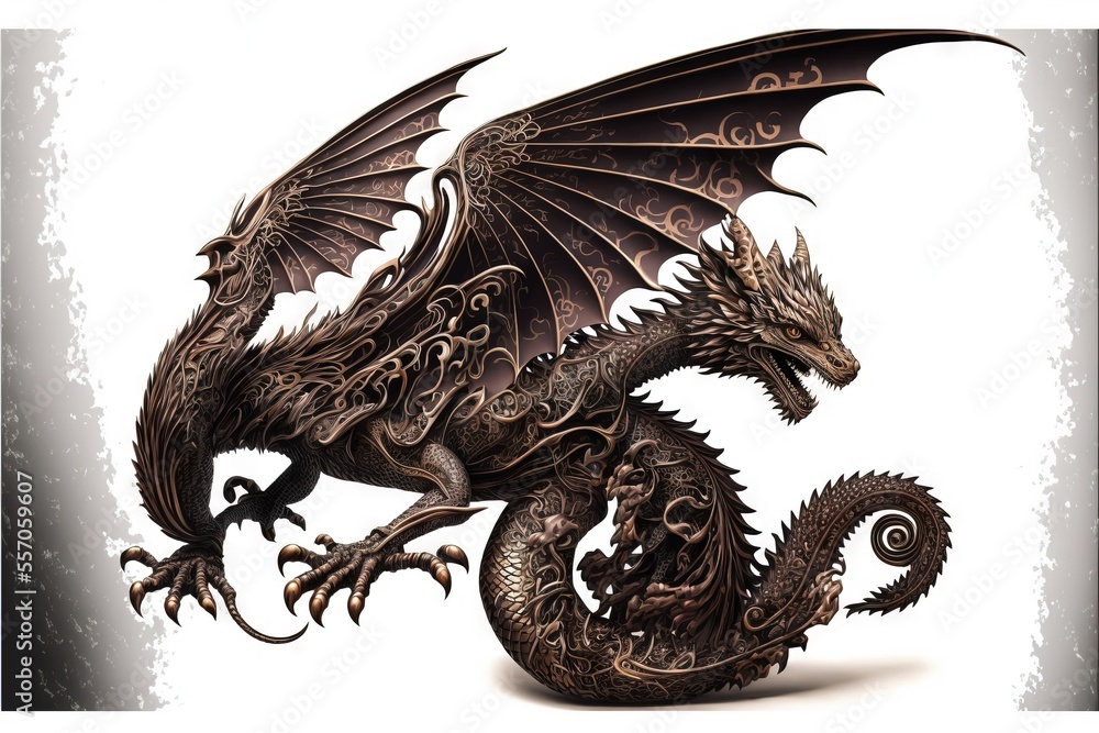 Poster a black dragon with a long tail and large wings is standing upright on a white background with a gru