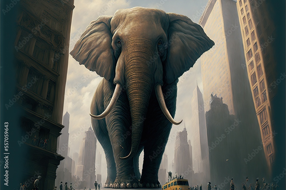 Poster an elephant standing in the middle of a city street with tall buildings in the background and a bus 