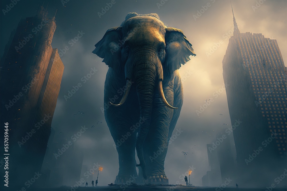 Poster an elephant standing in the middle of a city with tall buildings in the background and a dark sky wi
