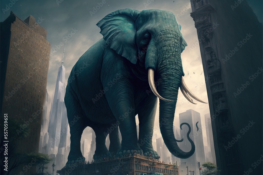 Poster an elephant standing on top of a building in a city with tall buildings and a cloudy sky in the back