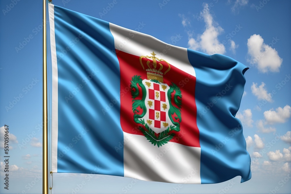 Poster a flag with a crown on it flying in the air with a blue sky in the background and clouds in the sky.