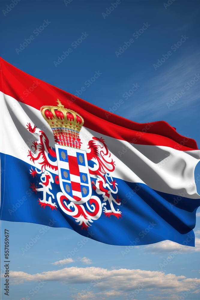 Poster a flag with a crown on it flying in the sky with clouds in the background and a blue sky. generative
