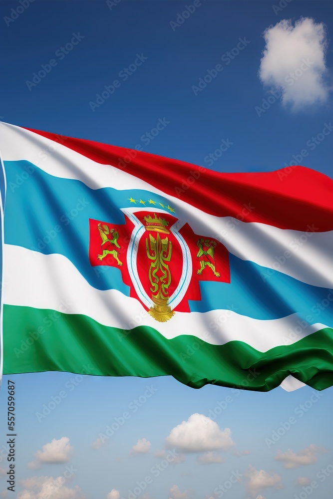 Poster a flag flying in the wind with a blue sky in the background and clouds in the foreground. generative