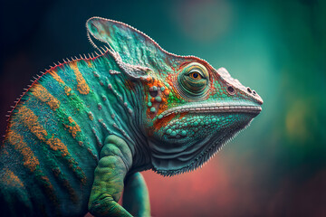 Green colored chameleon close up. Generative AI. - obrazy, fototapety, plakaty