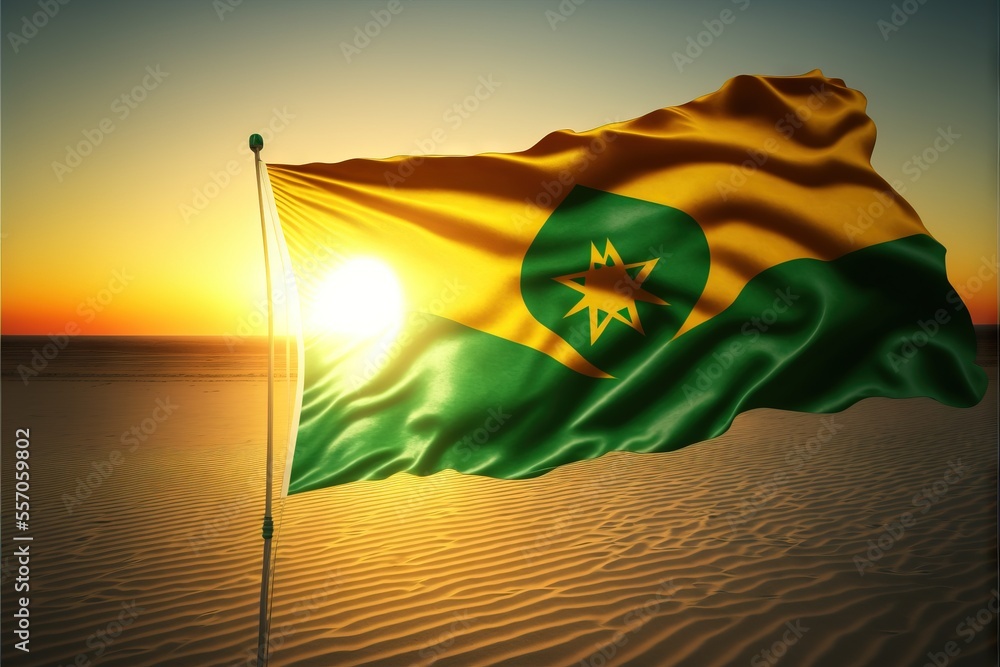 Poster a flag flying in the wind on a beach at sunset with the sun setting behind it and a sand dune in the