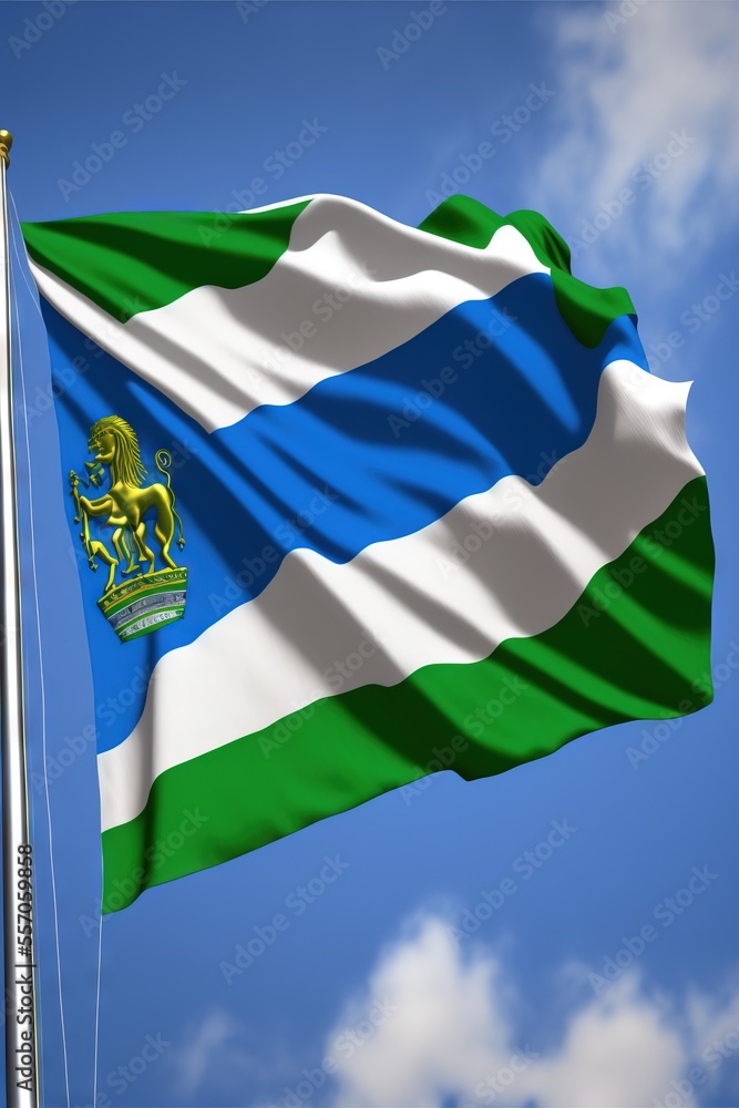 Poster a flag flying in the wind with a blue sky in the background and clouds in the background. generative