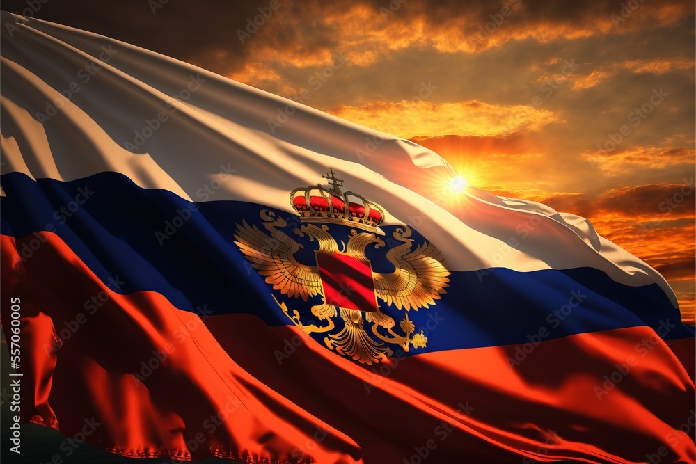 Poster a flag with a coat of arms on it flying in the air with a sunset behind it and a cloudy sky. generat