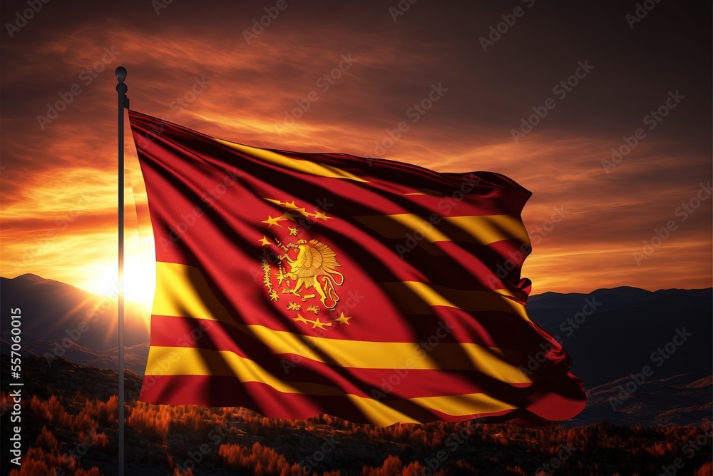 Poster a flag flying in the wind with a sunset in the background and mountains in the background with cloud