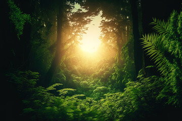 Sunrise over a green woodland backdrop. ecological natural idea, freedom, and gorgeous greenery. Generative AI